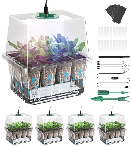 YJXFON Seed Starter Tray, 60-Cells Seedling Starter Trays with Grow Light, Self-Watering Seed Germination Kit for Indoor Gardening Seed Starting (5 Pack, Clear Base) | Amazon (US)