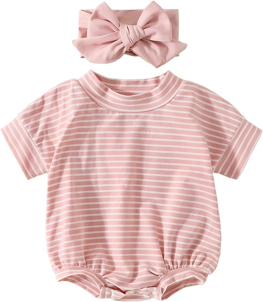 Newborn Infant Baby Girl Clothes Cotton Short Sleeve Stripe Crew Neck Rompers Bodysuit Onesie Hea... | Amazon (US)