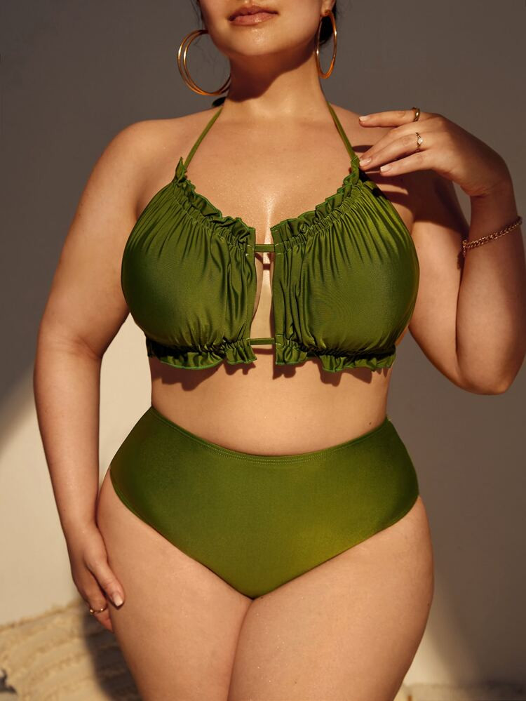 Plus Frill Trim Cut Out Tie Back Halter High Waist Bikini Swimsuit | SHEIN
