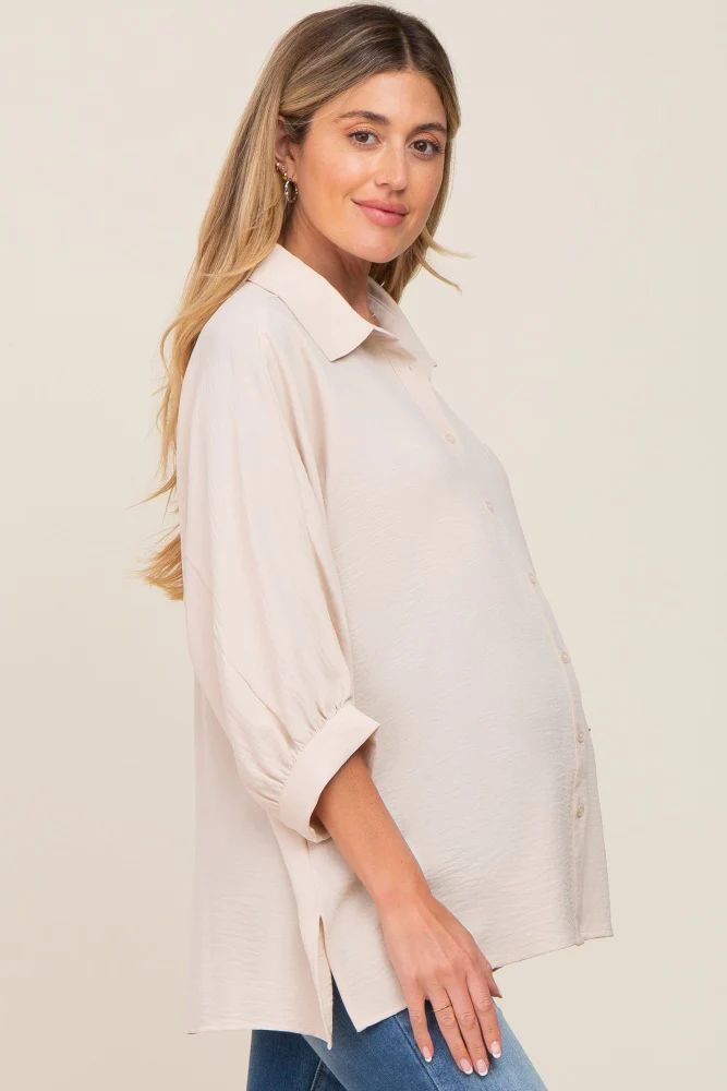 Beige Button Down 3/4 Sleeve Maternity Top | PinkBlush Maternity