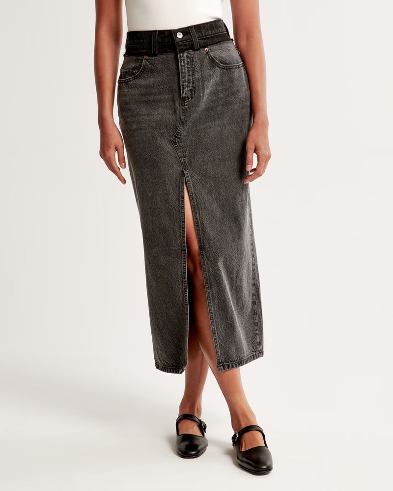 Women's Stacked Waistband Denim Maxi Skirt | Women's 20% Off Select Styles | Abercrombie.com | Abercrombie & Fitch (US)