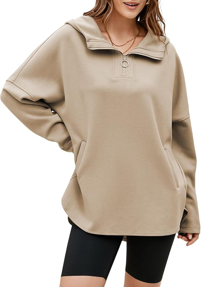 EVALESS Women's Oversized Hoodies Casual Long Sleeve Half Zipper Pocket Sweatshirt Pullover Tops | Amazon (US)