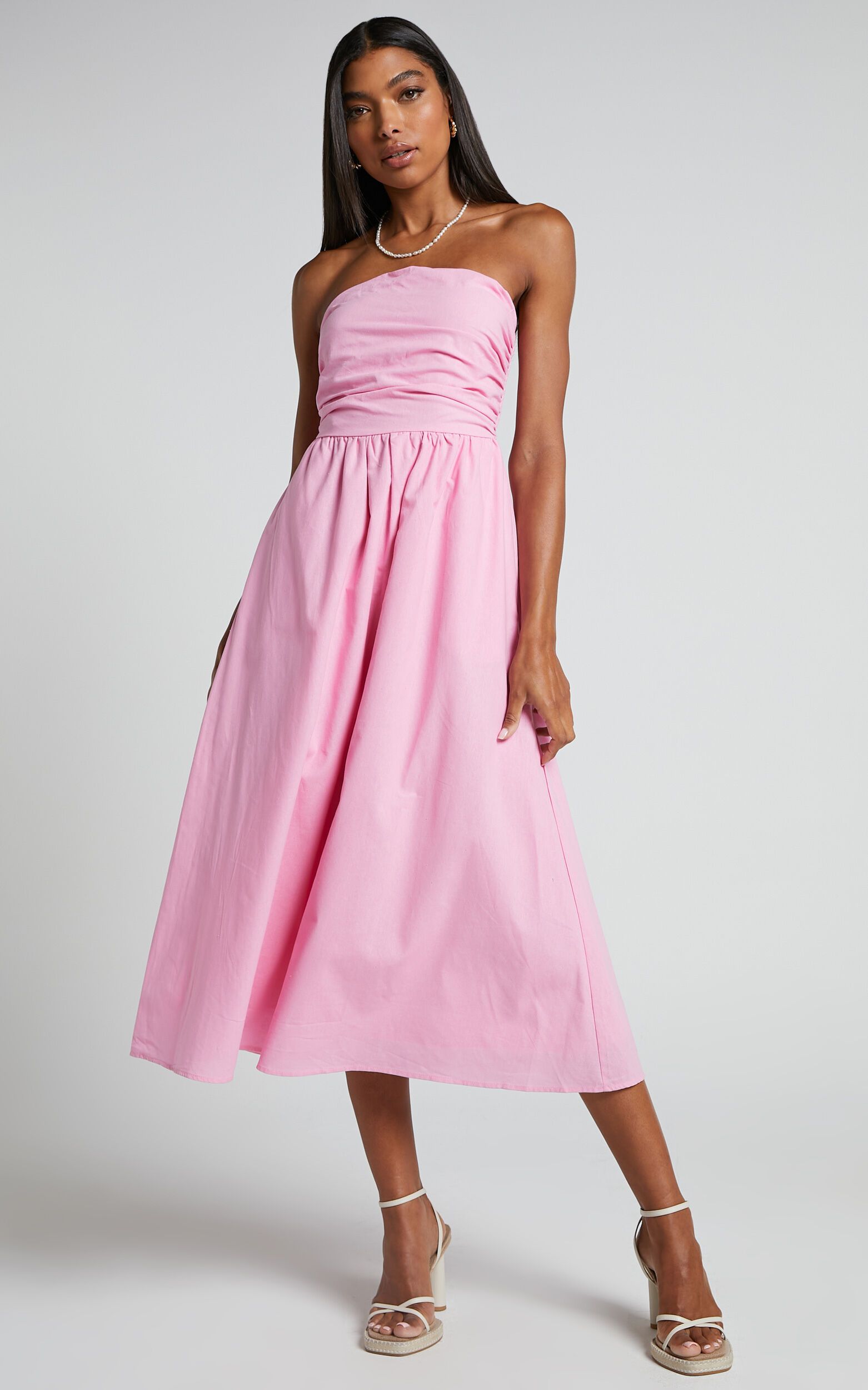 Isidora Midi Dress - Strapless Gathered Bust Dress in Candy Pink | Showpo (US, UK & Europe)