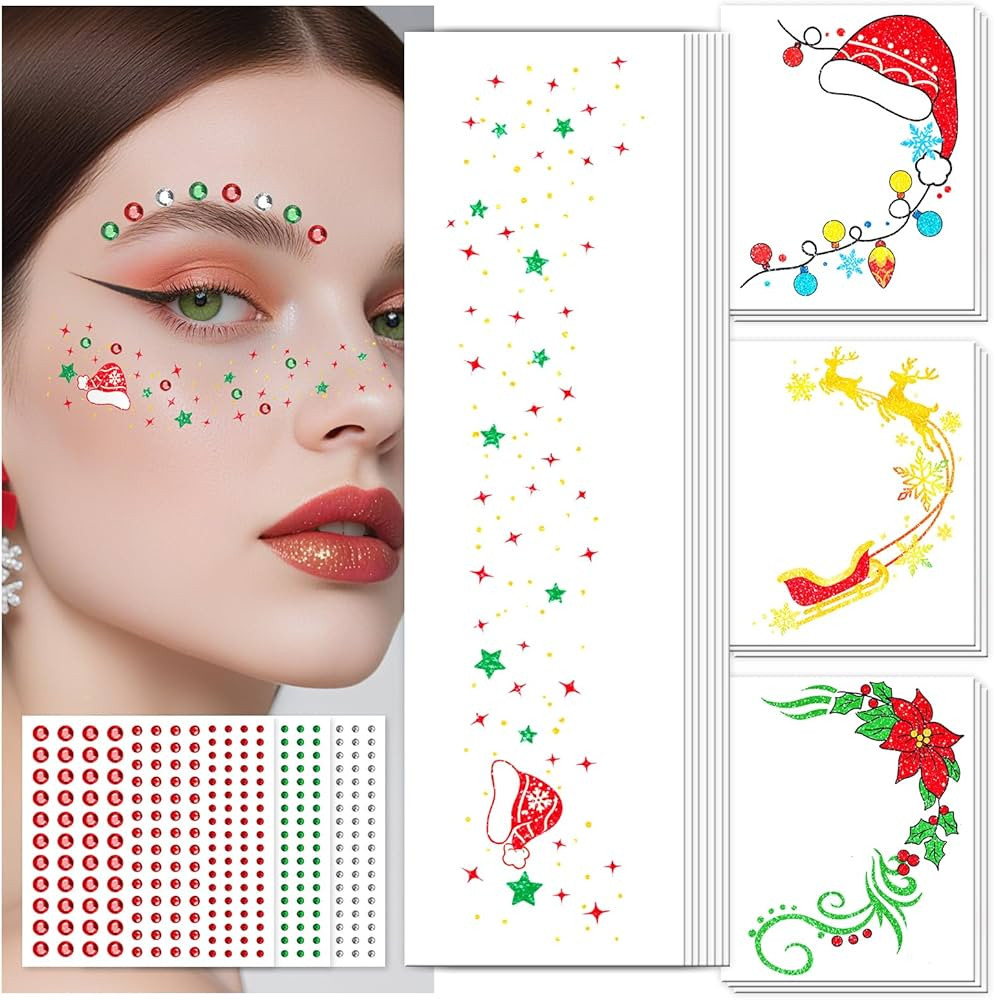EMOME Christmas Decorations, Christmas Glitter Faux Freckles Face Tattoos with Red Green White Fa... | Amazon (US)