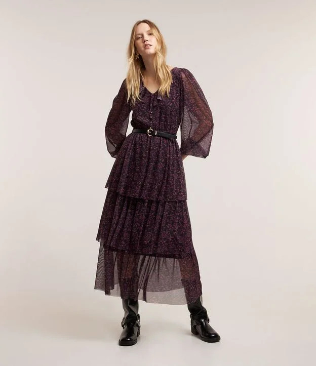 Vestido Midi em Tule com Babados e Estampa Floral Preto/ Roxo | Renner (BR)