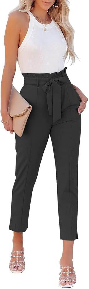 FANCYINN Womens 2 Pieces Crop Pants Set High Neck Tank Tops High Waisted Cropped Paper Bag Pencil... | Amazon (US)