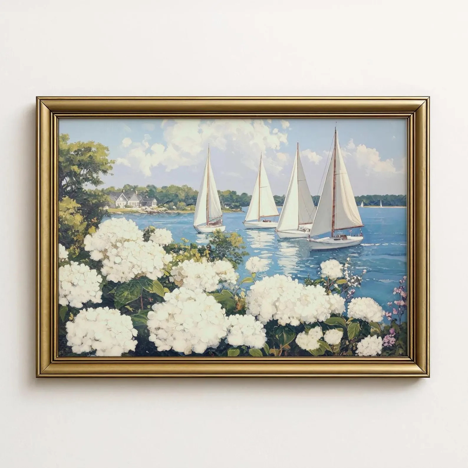 Nantucket Harbor Sailboat Art Hydrangea Coastal Wall Art Decor Seaside Travel Artwork Living Room... | Etsy (US)