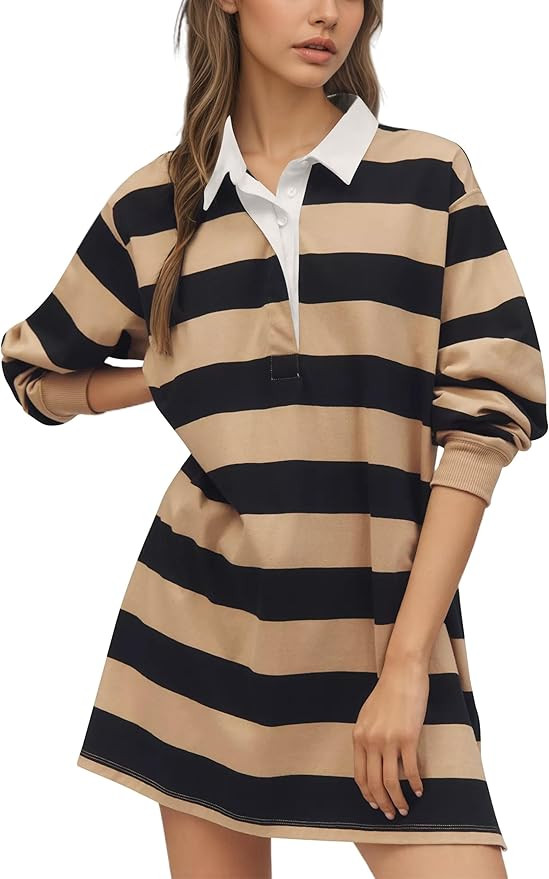Striped Polo Shirts Mini Dresses for Women Button V Neck Long Sleeve Short Dress Color Block Pull... | Amazon (US)