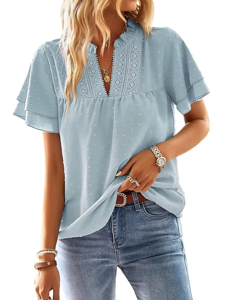 Womens Tops Butterfly Sleeve V Neck Blouses for Women Dressy Casual Flowy Swiss Dot Ruffle Short ... | Amazon (US)