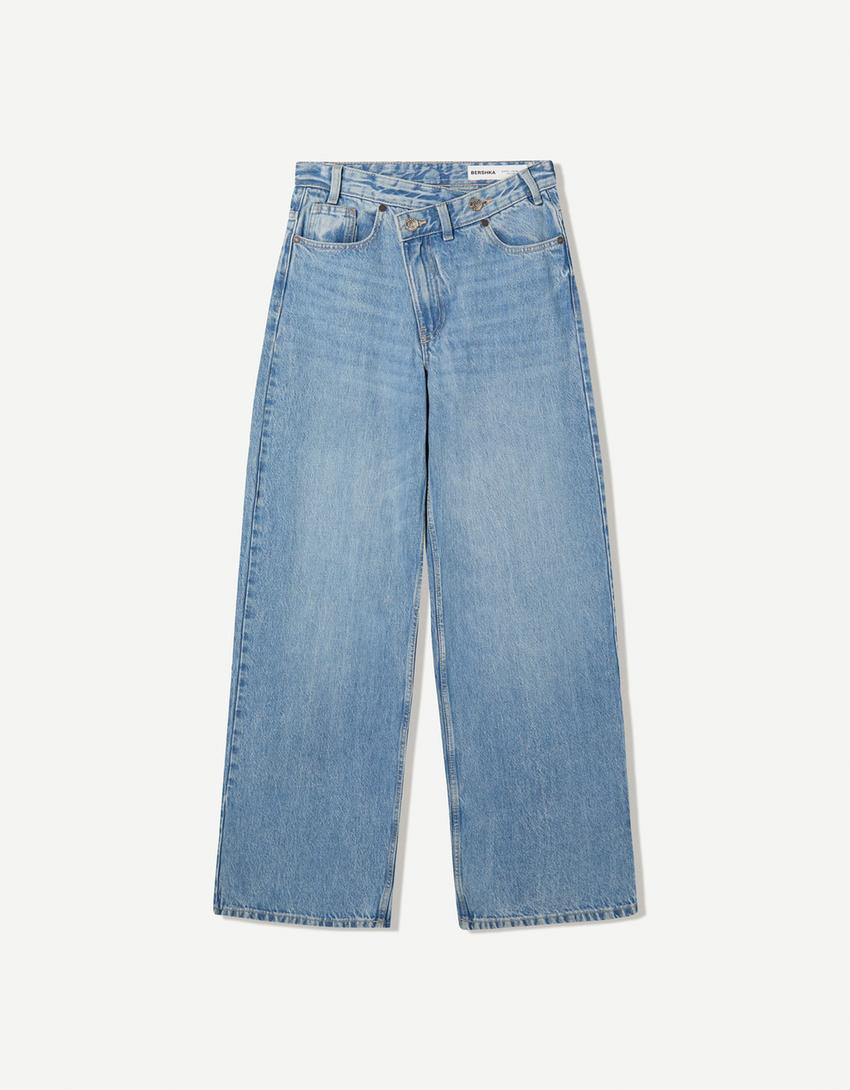 High-waist crossover wide-leg jeans - Women | Bershka UK