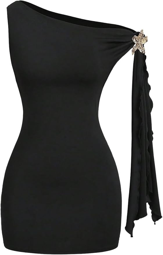 Verdusa Women's Mini Dress Off The Shoulder Metal Floral Sleeveless Asymmetrical Going Out Dresse... | Amazon (US)