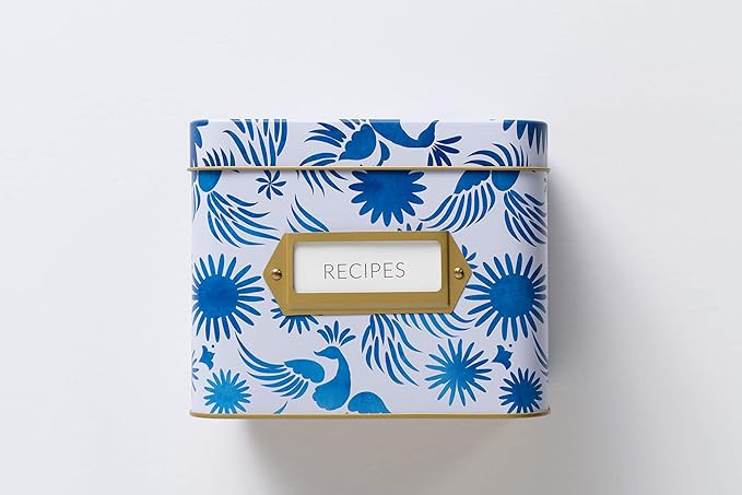 Otomi Recipe Box With 24 Cards & 12 Dividers - Folk Art Blue Decorative Recipe Organizer Tin Box ... | Amazon (US)