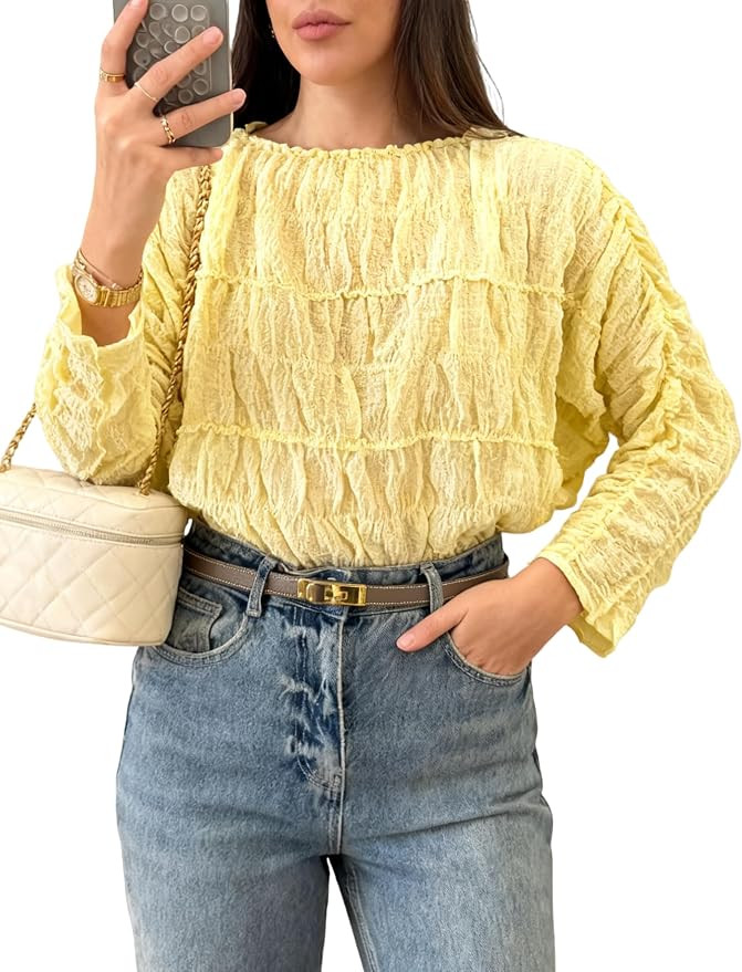 Watashi Women Long Sleeve Shirts Casual Tiered Shirred Bubble Top Spring Fall Solid Crewneck Ruff... | Amazon (US)