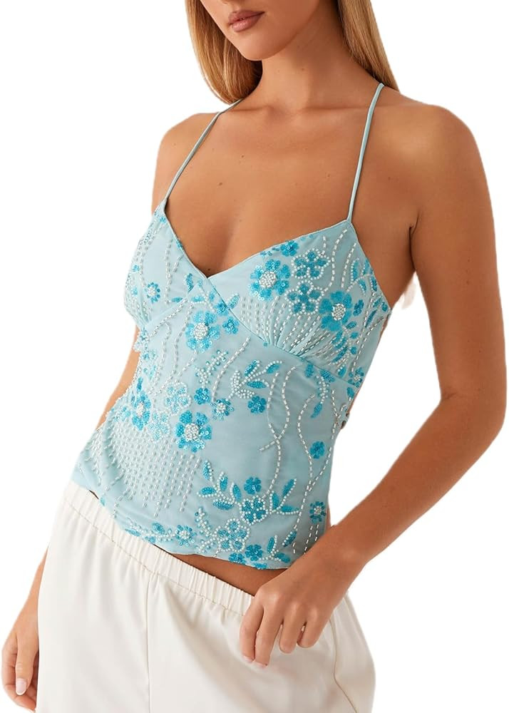 Women Y2K Sequin Cami Top Sexy V Neck Open Back Criss Cross Straps Tank Cute Sparkle Backless Low... | Amazon (US)