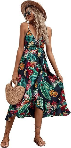 SheIn Women's Tropical Print Wrap Belted Maxi Dress V Neck Sleeveless Flowy Long Dresses | Amazon (US)