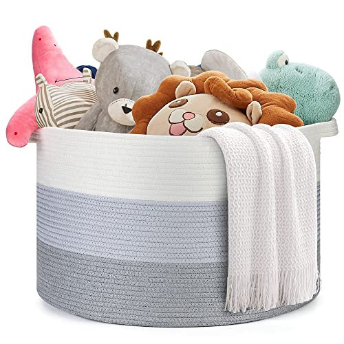 Ravinte Blanket Basket - 20"x 20"x 13" Cotton Rope Basket for Living Room, Baby Toy Storage Basket, Large Woven Laundry Basket (White- Light Blue-Light Gray) | Amazon (US)