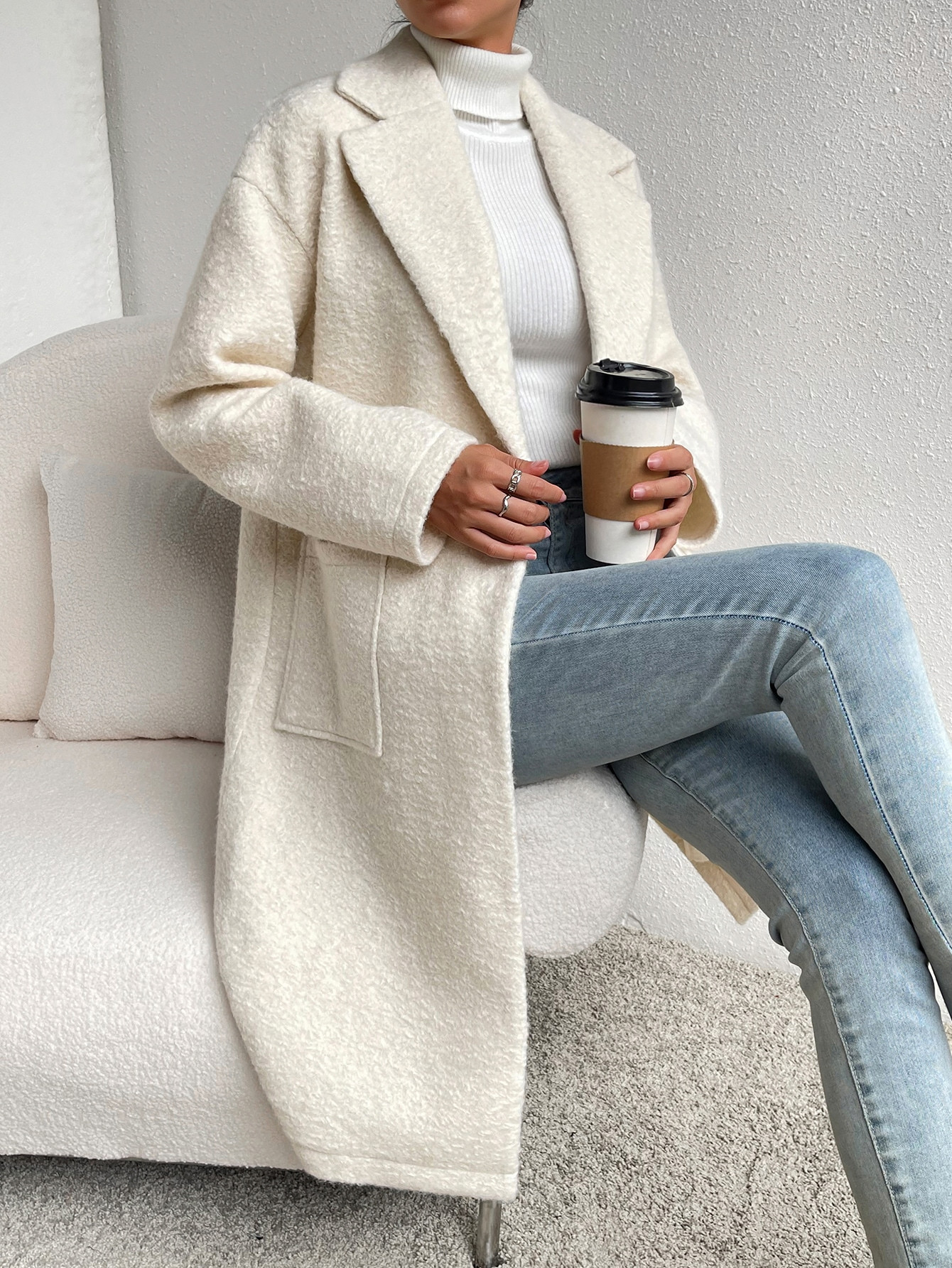 SHEIN EZwear Lapel Neck Drop Shoulder Dual Pocket Overcoat | SHEIN