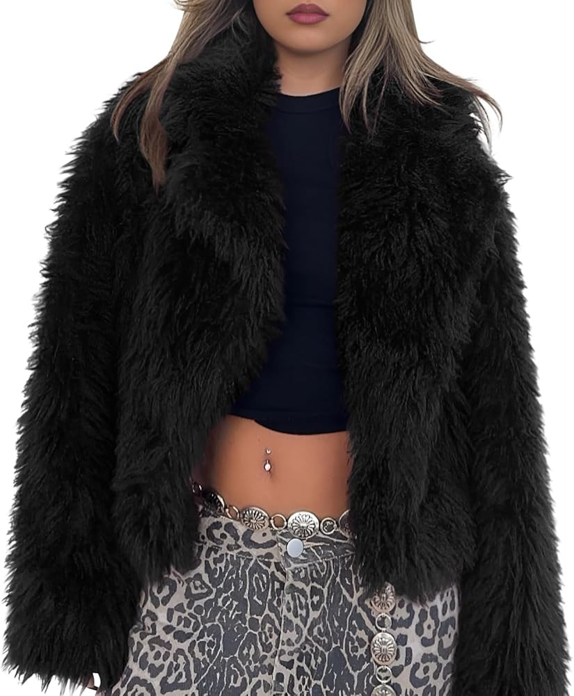 Yimoon Womens Faux Fur Coat Cropped Fluffy Fur Jacket Long Sleeve Lapel Collar Winter Fuzzy Shagg... | Amazon (US)