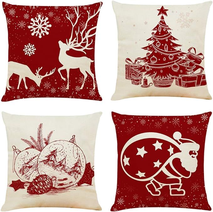 Ogrmar 4PCS 18"x18" Throw Pillow Covers Christmas Decorative Couch Pillow Cases Cotton Linen Pill... | Amazon (US)