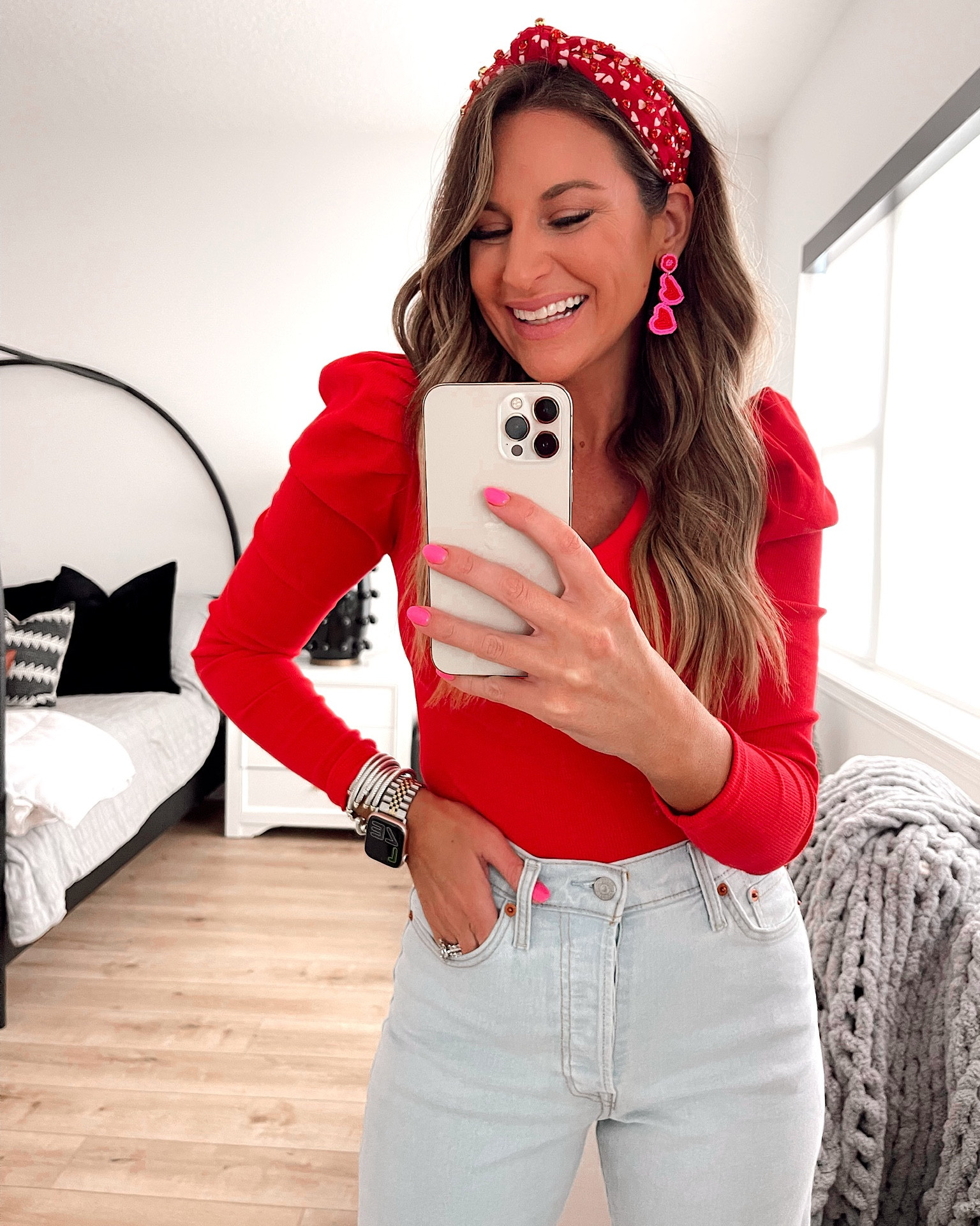 In a small puff sleeve bodysuit, size 28 Levi’s jeans, headband & block heels for Valentine’s Day / spring from Amazon - all fits TTS.

#LTKSeasonal #LTKwedding #LTKunder50