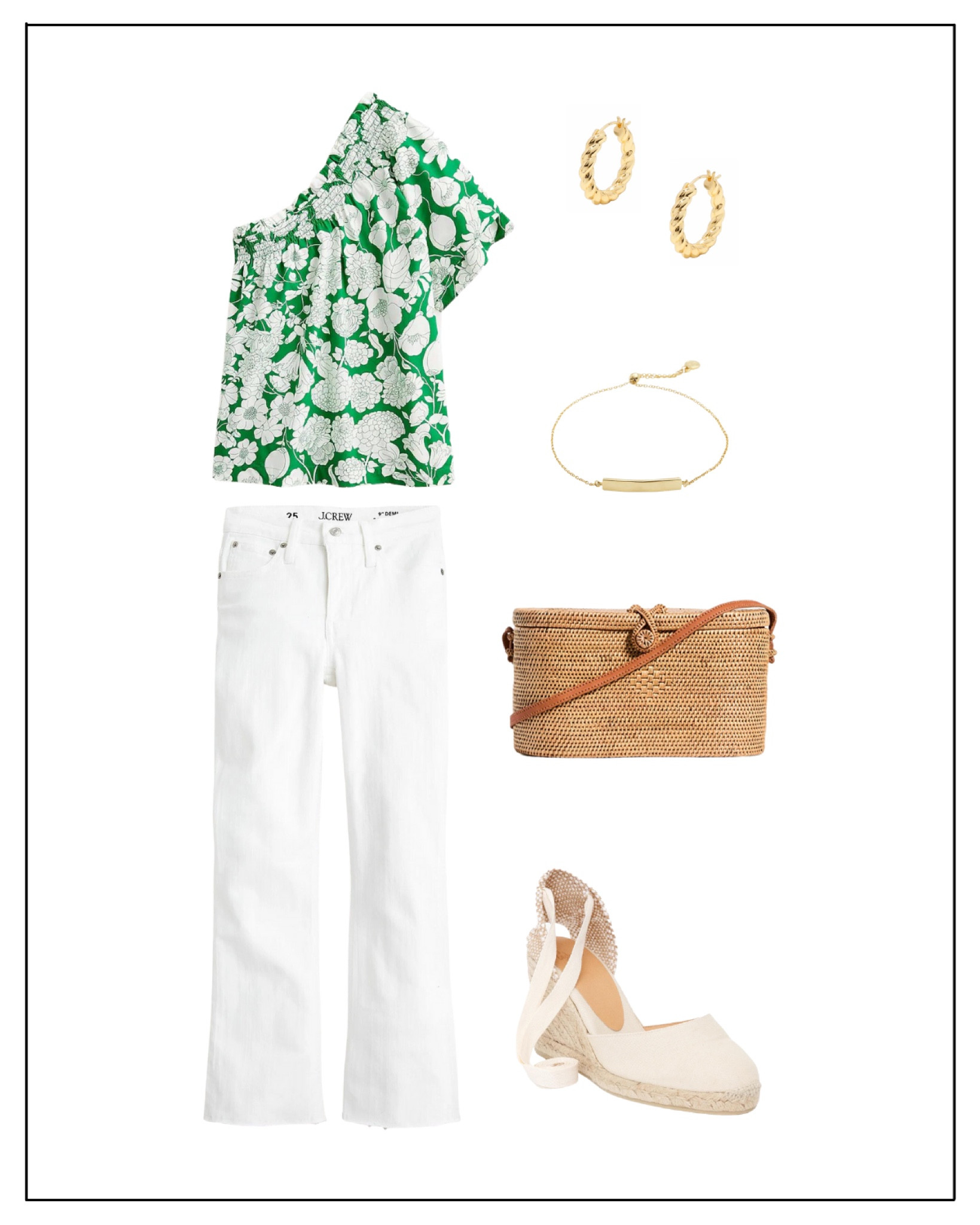 What to Wear with Espadrille Wedge Sandals:

Another way I like to style espadrille wedges is with white demi-boot jeans. Demi-boot jeans are fitted throughout the waist and thigh depending on the size and style, and then have a cropped, slightly flared lower leg. Not only is white denim incredibly versatile, but you can also get away with dressing them up or down easier. For an easy weekend outfit, pair a floral smocked one-shoulder top with white demi-boot jeans and accessorize with gold hoop earrings, a gold bar bracelet, and a rattan bag.

#LTKshoecrush #LTKstyletip #LTKunder100