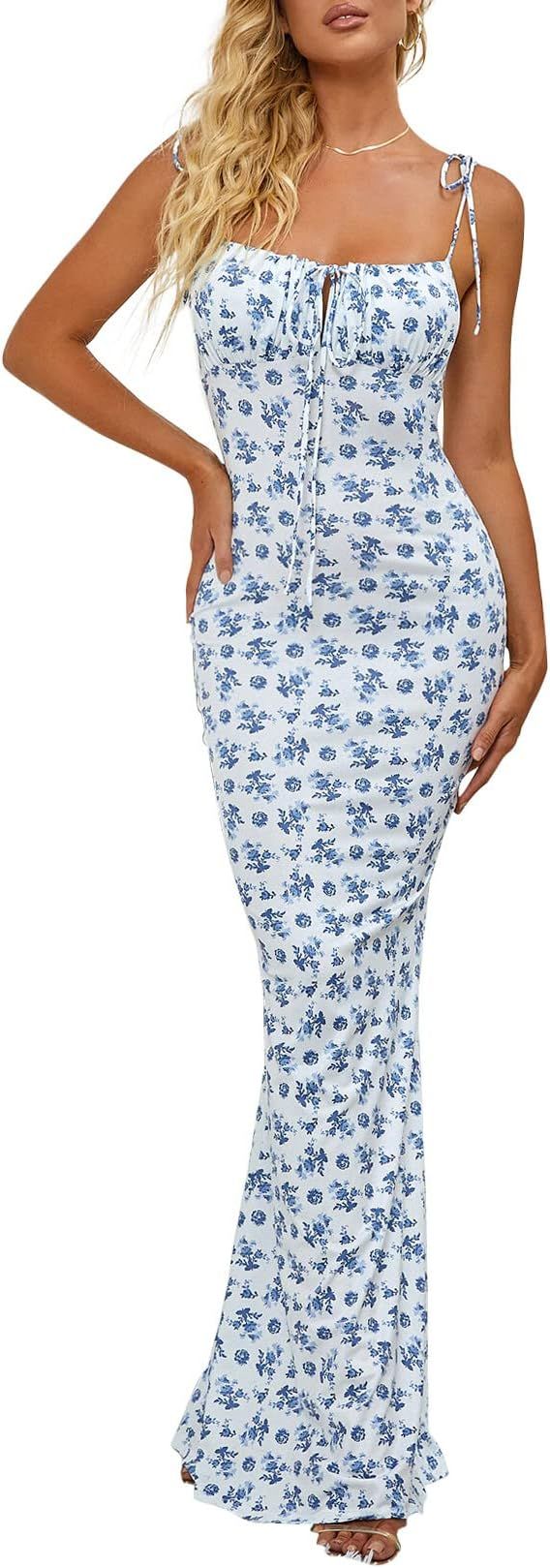 Women's Summer Floral Bodycon Maxi Dress Spaghetti Strap Sleeveless Boho Long Dresses | Amazon (US)