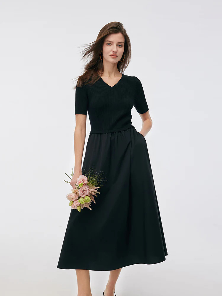 Tencel V-Neck Patchwork Women Midi Dress | GOELIA