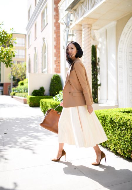 Camel blazer, long sleeve shirt, pleated midi skirt, and suede pumps. Similar pieces linked here. 

#classicstyle
#springoutfit
#workoutfit
#professionalwear
#officeoutfit#LTKstyletip #LTKworkwear

#LTKSeasonal