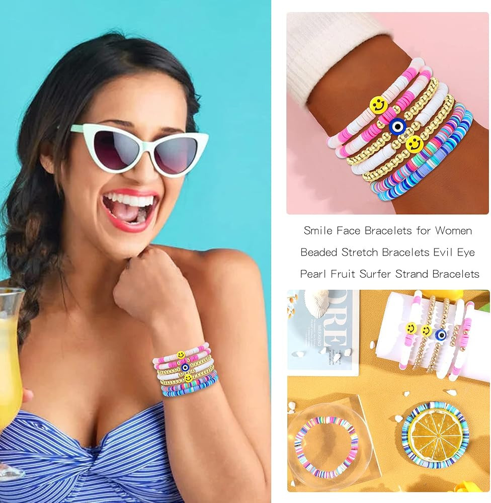 Colorful Preppy Smile Face Bracelets for Women Beaded Stretch Bracelets for Teen Girls Evil Eye P... | Amazon (US)