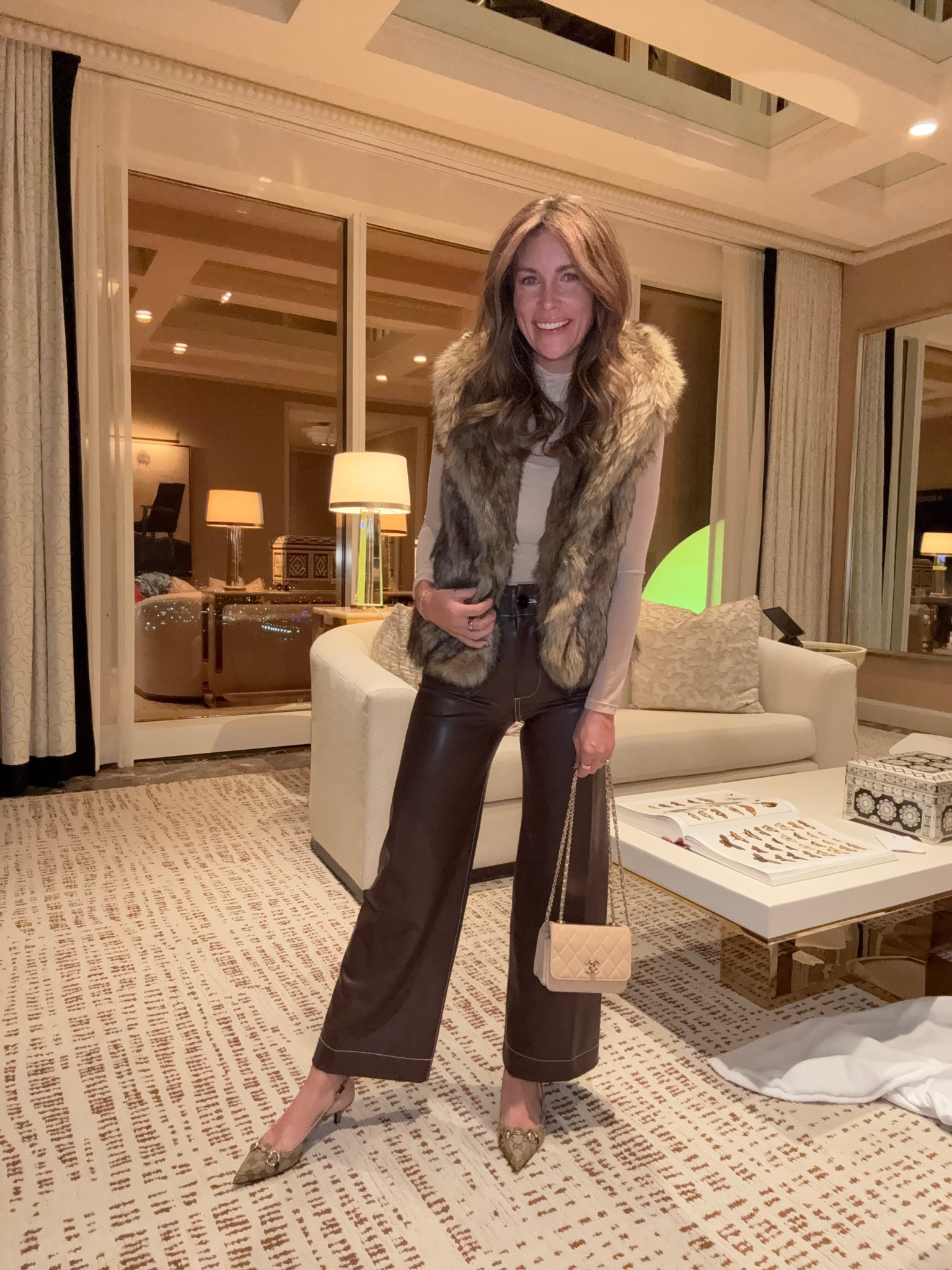 Last nights Vegas outfit!  🎲 
Abercrombie faux fur vest 
Amazon bodysuit 
Anthropologie faux leather pants 
Gucci heels 
Chanel bag 

#LTKStyleTip #LTKShoeCrush