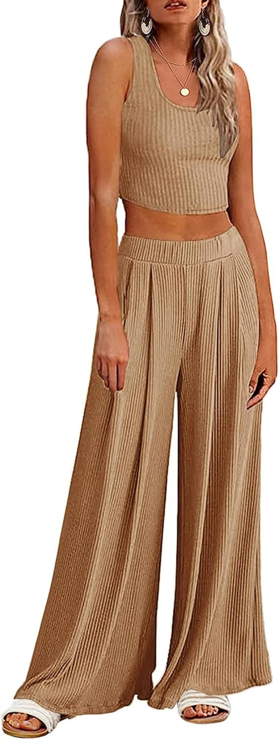 Ekouaer Women's 2 Piece Lounge Sets Ribbed Knit Crop Top Wide Leg Pants with Pockets S-XXL | Amazon (US)