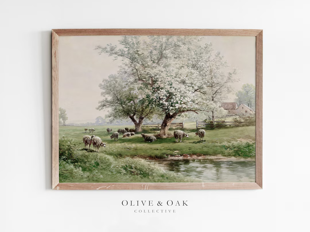 Spring Landscape Painting / Sheep Pasture Painting / Spring Blossom Tree Art Print / Printable Wa... | Etsy (US)