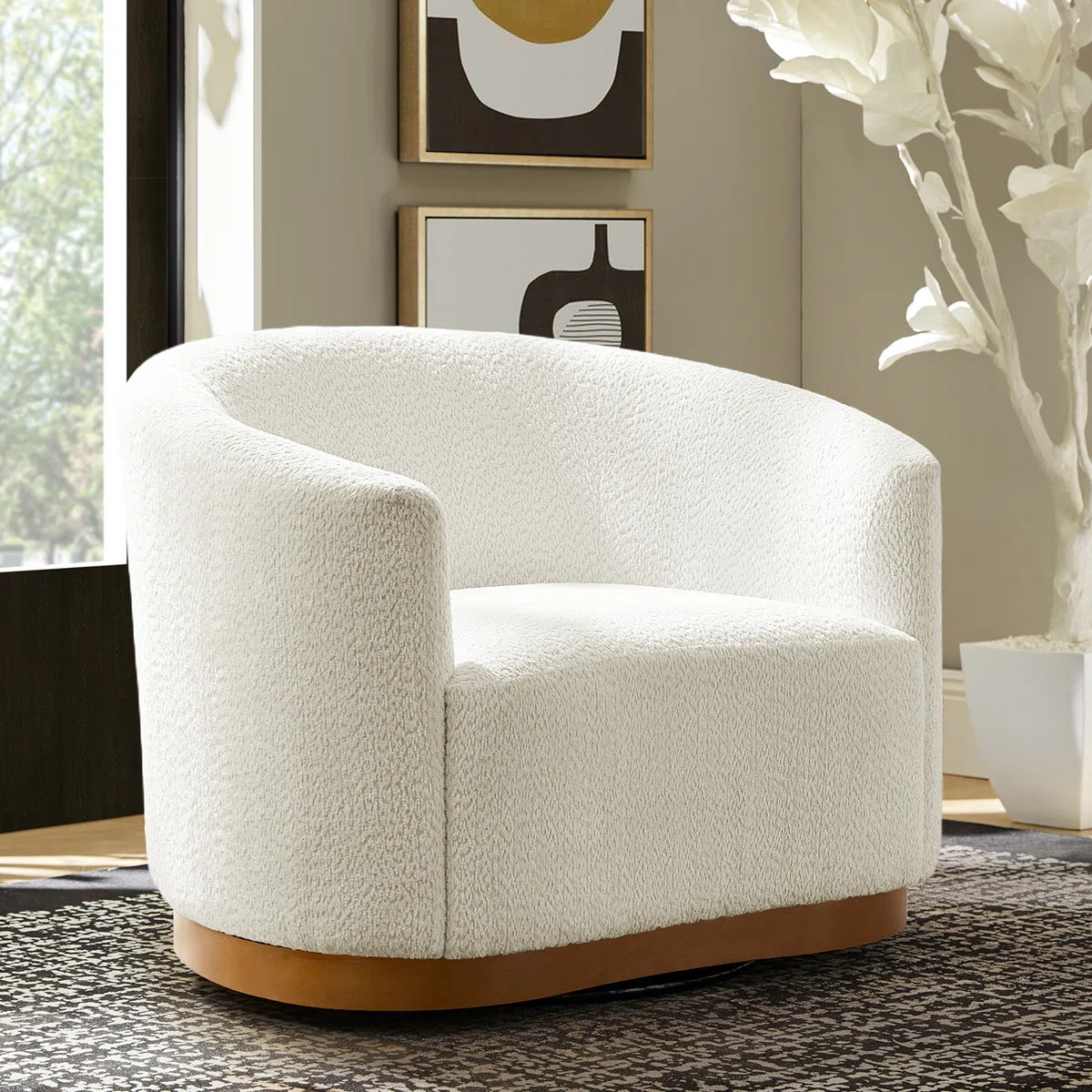 Wade Logan® Berklie Modern Boucle Chenille Swivel Barrel Armchair with Ergonomic Backrest and So... | Wayfair North America