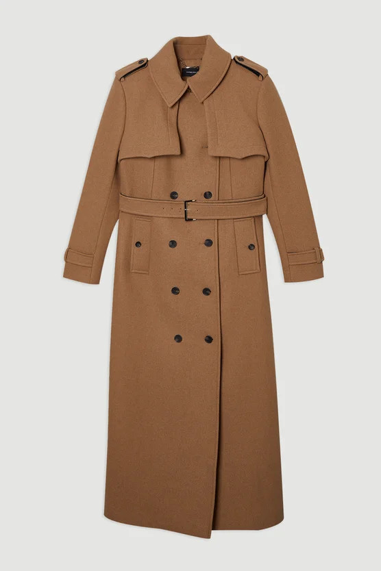 Wool Pu Mix Tailored Belted Trench Maxi Coat | Karen Millen UK + IE + DE + NL