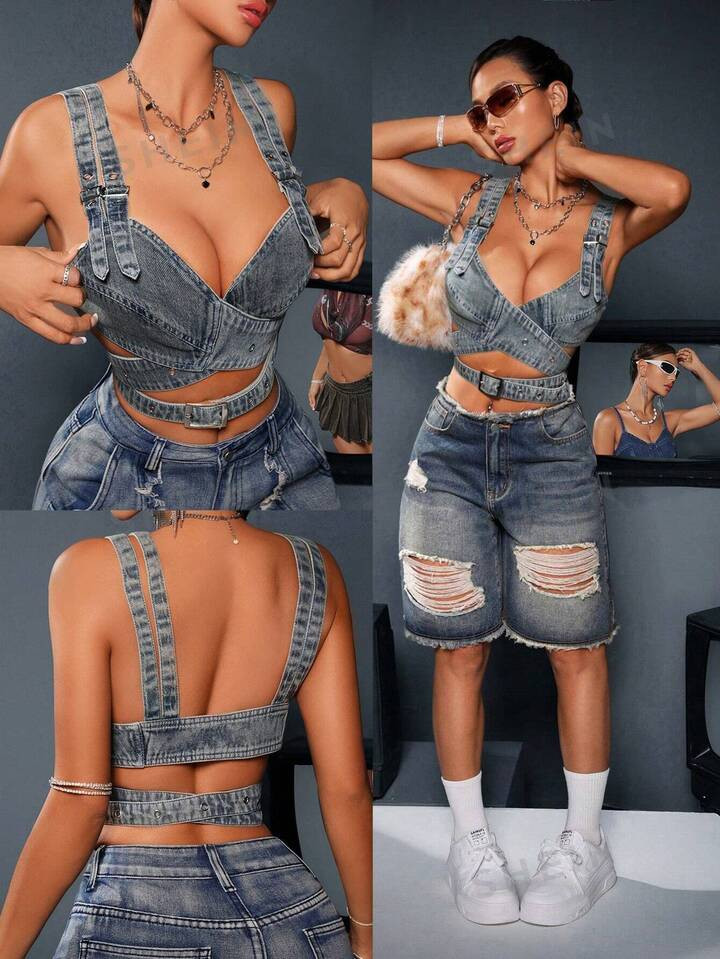 SHEIN ICON Women Summer Sexy Cross Cut Slim Fit Short Denim Top With Hollow Out Design | SHEIN