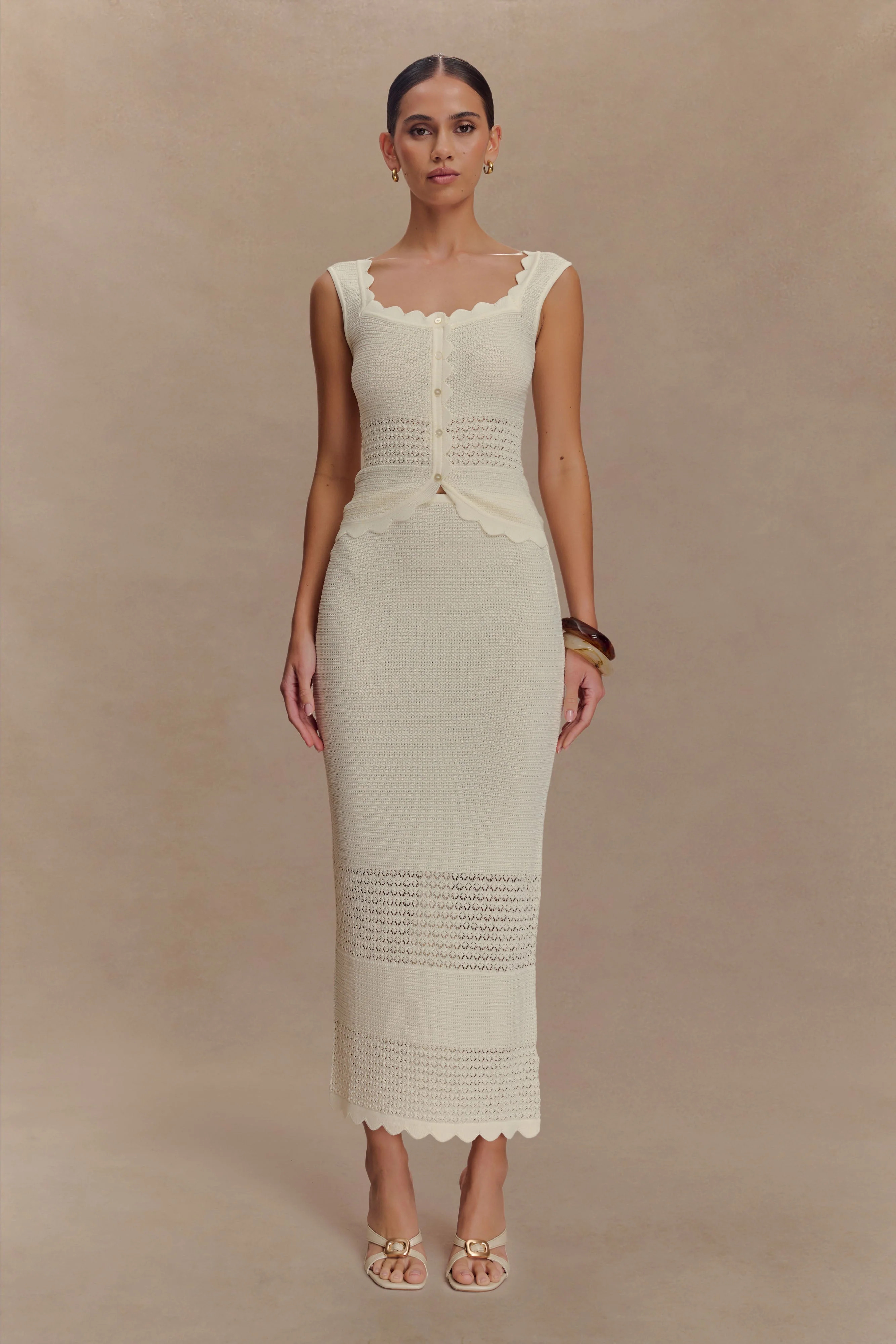 Madeline Scallop Knit Midi Skirt - Ivory | Meshki UK