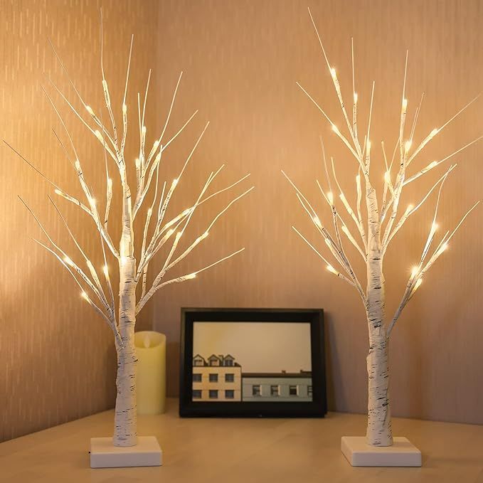 2-Pack 2FT Lighted Birch Tree for Tabletop, Birch Christmas Tree with Lights, Warm White 48 LEDs ... | Amazon (US)