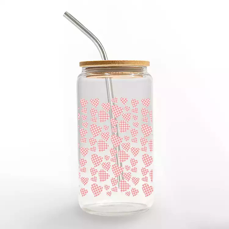 New! Checkered Hearts Glass Tumbler | Kirkland's Home