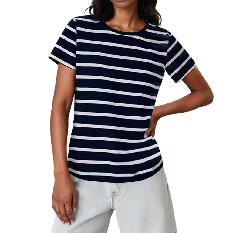 Staron Women's Striped T-Shirt Casual Short Sleeve Crew Neck Basic Tee Relaxed Fit Fashion Top wi... | Walmart (US)