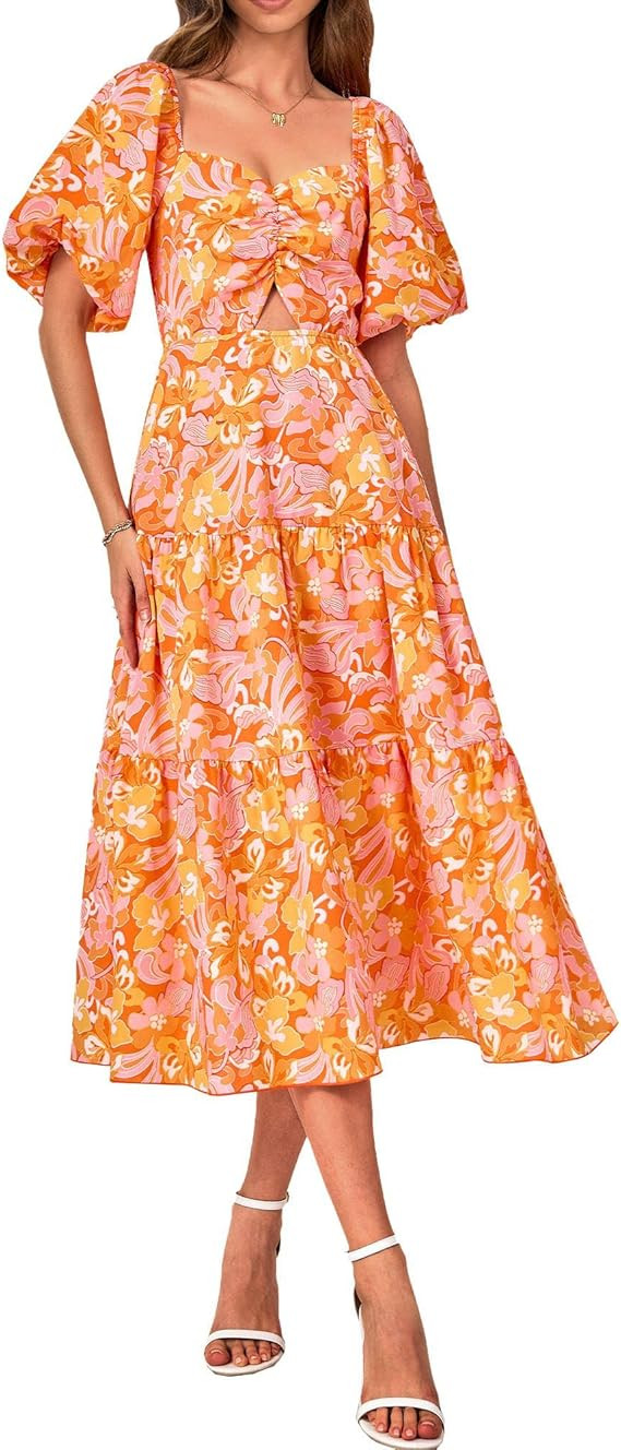 BTFBM Women Summer Dresses 2025 Casual Flowy Beach Square Neck Puff Short Sleeve Smocked Back Boh... | Amazon (US)