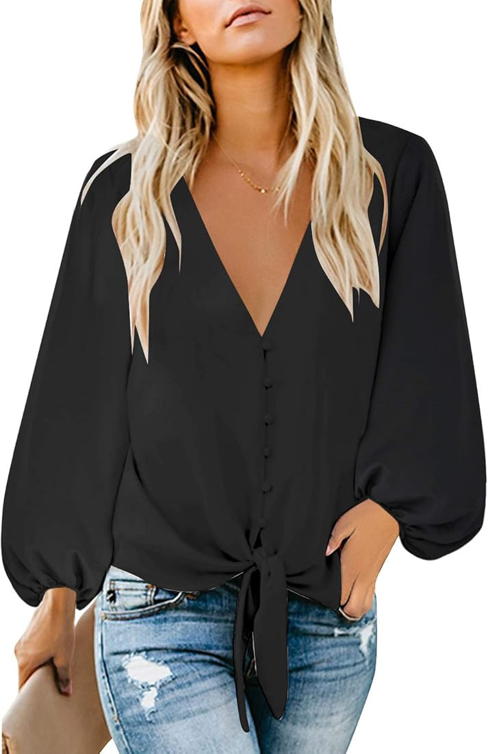 luvamia Women's Casual Long Balloon Sleeve V Neck Loose Button Down Shirts Tie Knot Tops Blouse | Amazon (US)