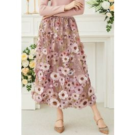 3D Floral Applique Mesh Tulle Maxi Skirt in Dusty Pink | Chicwish