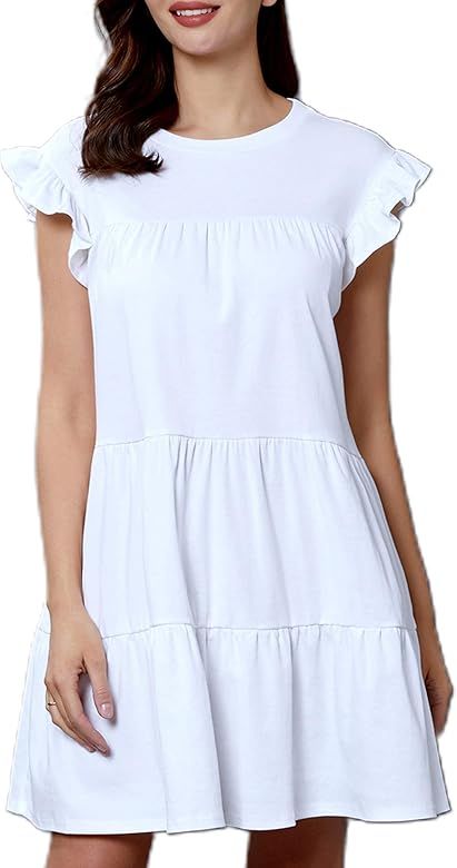 Remidoo Womens Babydoll Tiered Mini Dress Round Neck Short Sleeve Ruffle Pleated Swing... | Amazon (US)