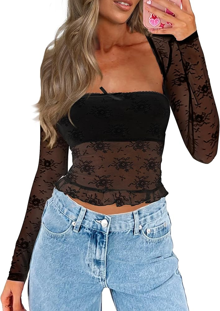 CSDAJIO Women's Going Out Tops Lace Long Sleeve Square Neck Crop Top Shirt Strapless Tube Top and... | Amazon (US)