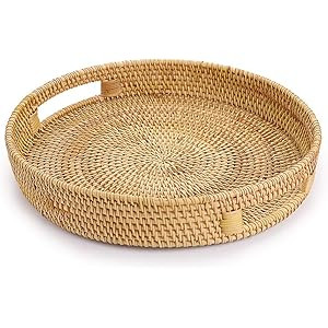 Hipiwe Round Rattan Serving Tray with Handles, Hand-Woven Decorative Organizer Tray for Storage B... | Amazon (US)