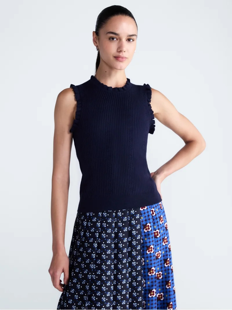 Free Assembly Women's Ruffle Trim Pointelle Sweater Shell, Lightweight, Sizes XS-XXL | Walmart (US)