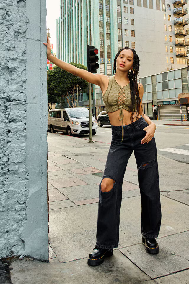 Street Wide Leg Jean - Black Destructed | Garage Clothing