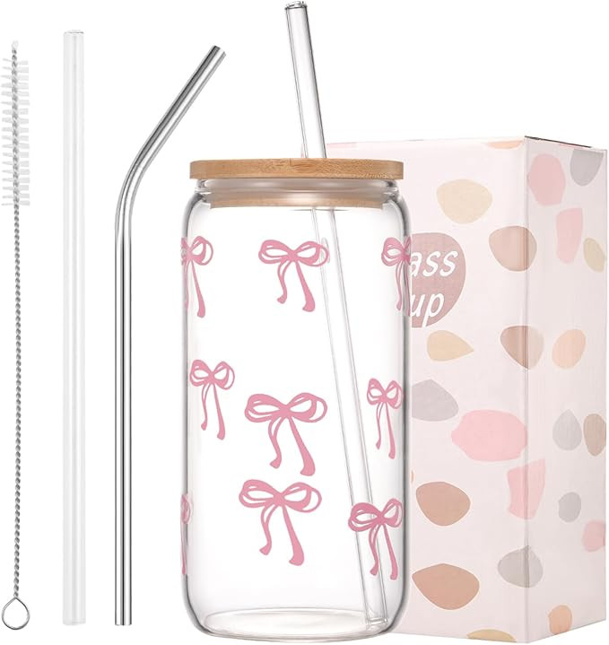 Coquette Cute Pink Bow Glass Cups with Lids and Straws, Aesthetic Iced Coffee Cup, Girly Preppy D... | Amazon (US)