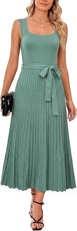 Arach&Cloz Women's Wool Blend Square Neck Tie Waist Pleated Summer Sweater Dress 2026 | Amazon (US)