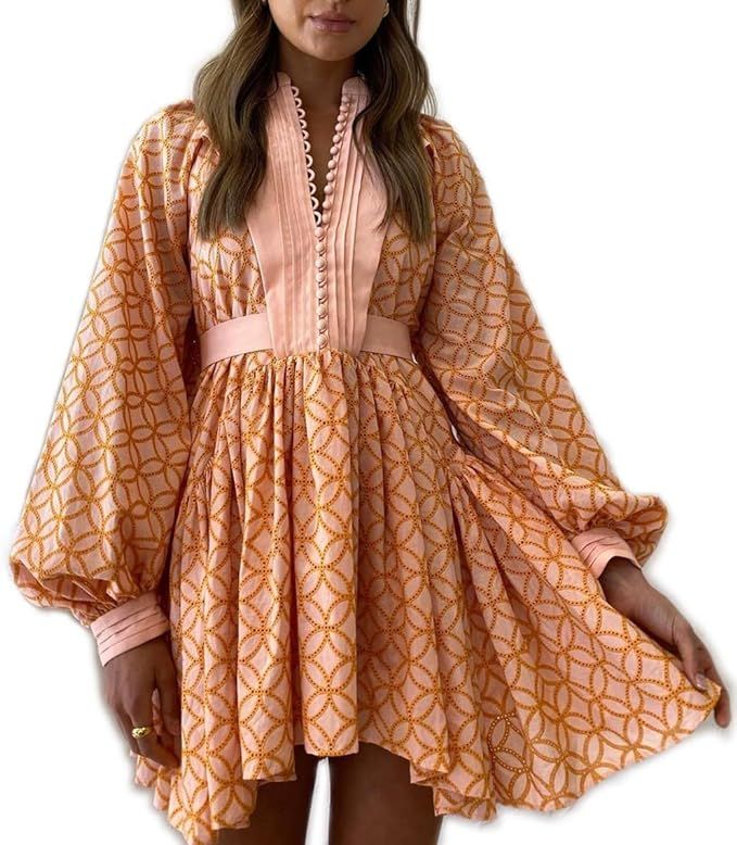 Women's Bohemian Floral Print Button Down Long Lantern Sleeve Shift Tunic Dress Casual Ruffle Swi... | Amazon (US)